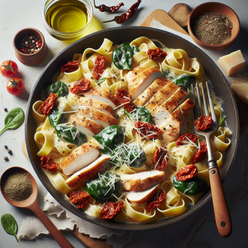 Pappardelle w kremowym sosie śmietanowo-serowym z kurczakiem i szpinakiem