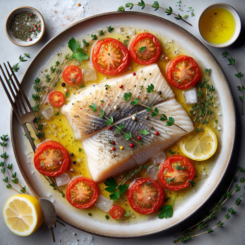Pieczony filet z halibuta z pomidorem i tymiankiem