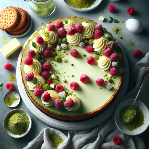 Pieczony sernik z herbatą Matcha i malinami