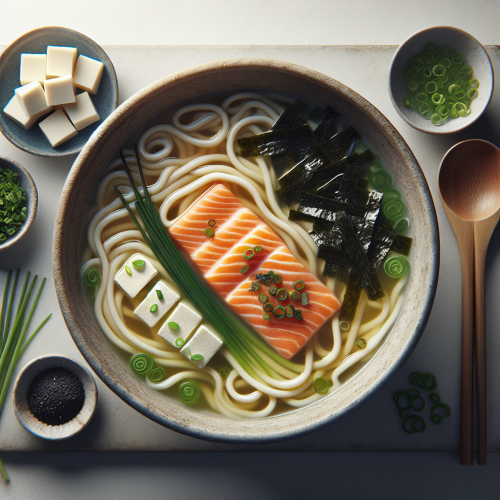 Zupa miso z łososiem i makaronem udon