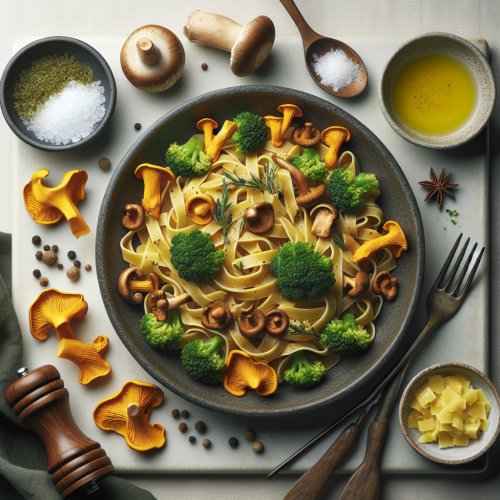 Pełnoziarniste tagliatelle z kurkami i brokułami