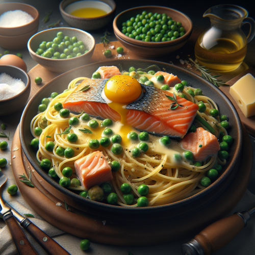 Spaghetti z łososiem i groszkiem w sosie jajeczno-serowym