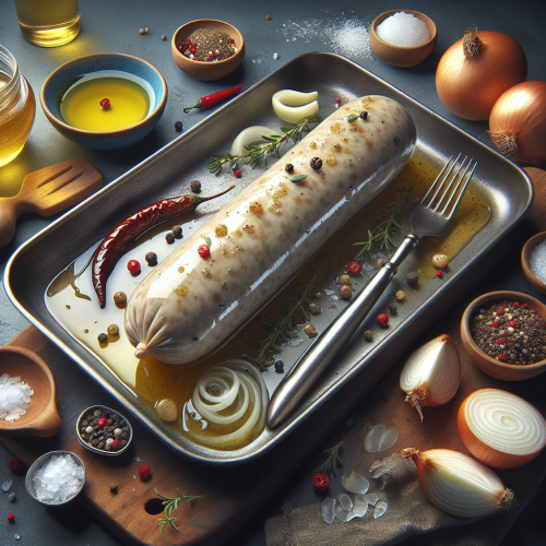 Marynowana biała kiełbasa pieczona z cebulą w winie