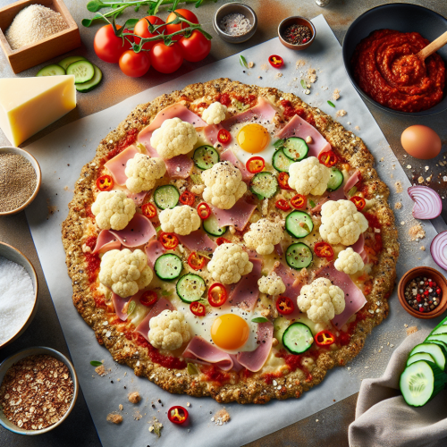Pizza na spodzie z kalafiora z ajvarem i szynką